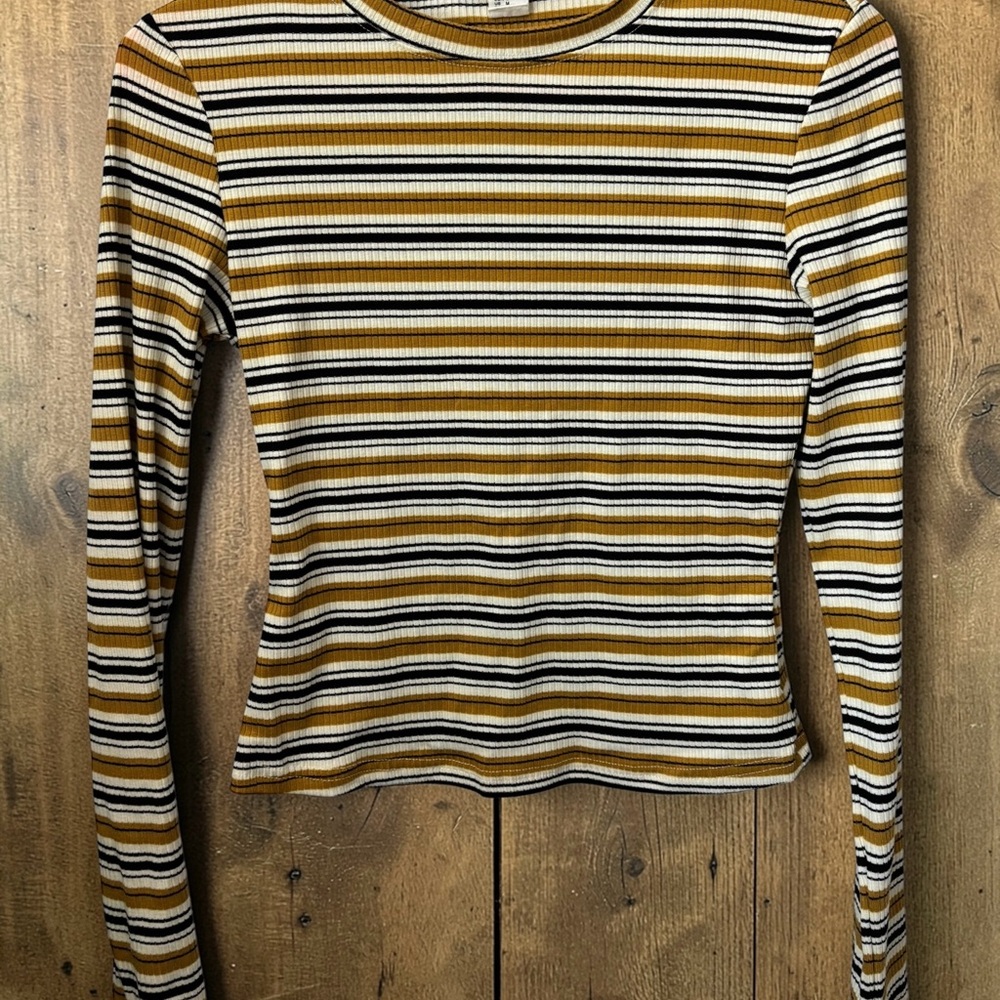Striped Mustard and Black Ribbed Long Sleeve Top